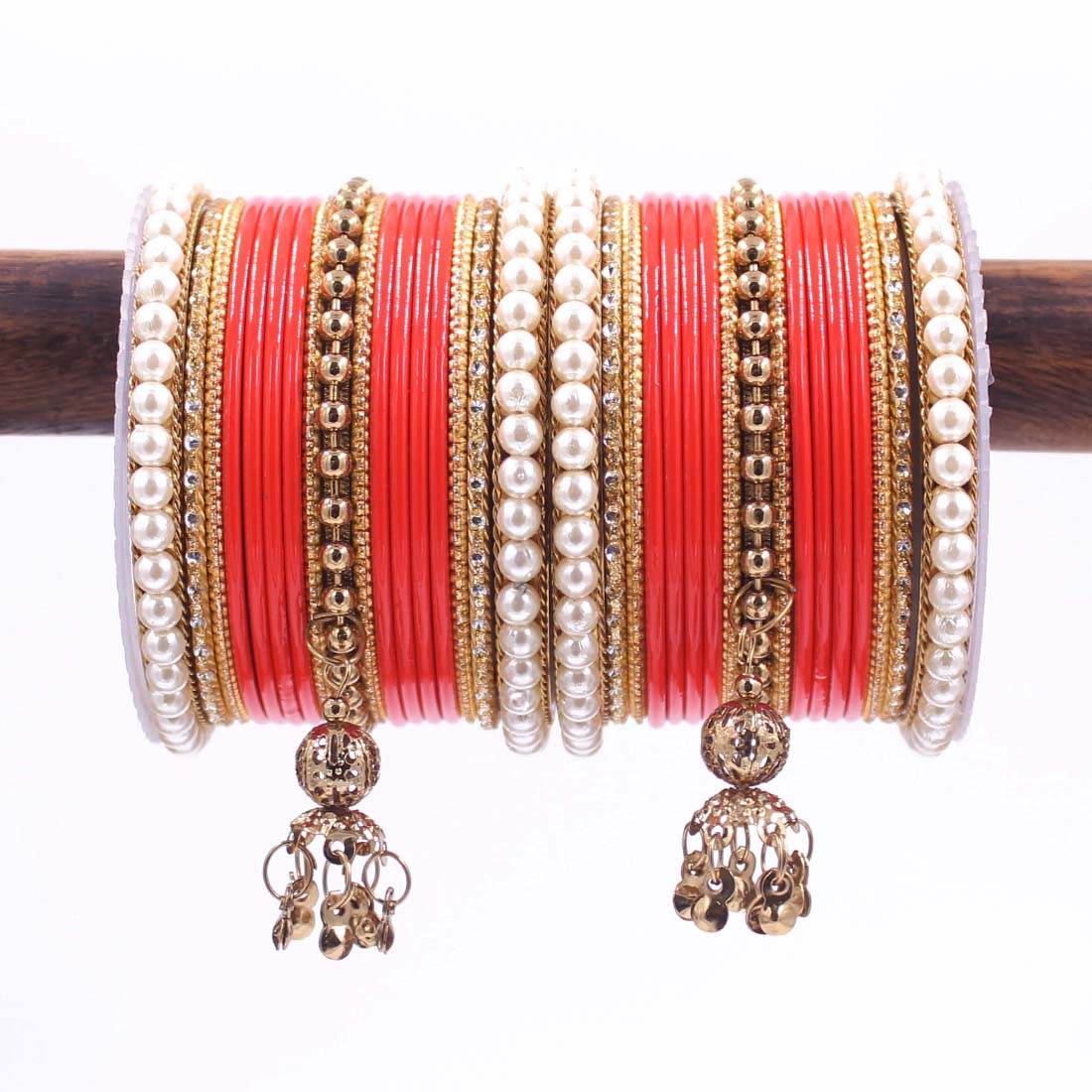 Traditional Solid Coloured Bangle Set with Pearl and Jhumki by T4 Jewels Orange T4 Jewels