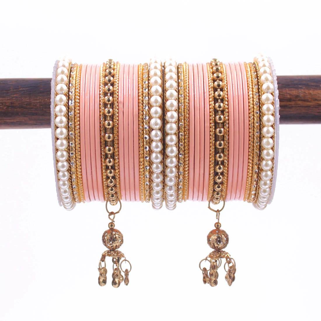 Traditional Solid Coloured Bangle Set with Pearl and Jhumki by T4 Jewels Peach T4 Jewels