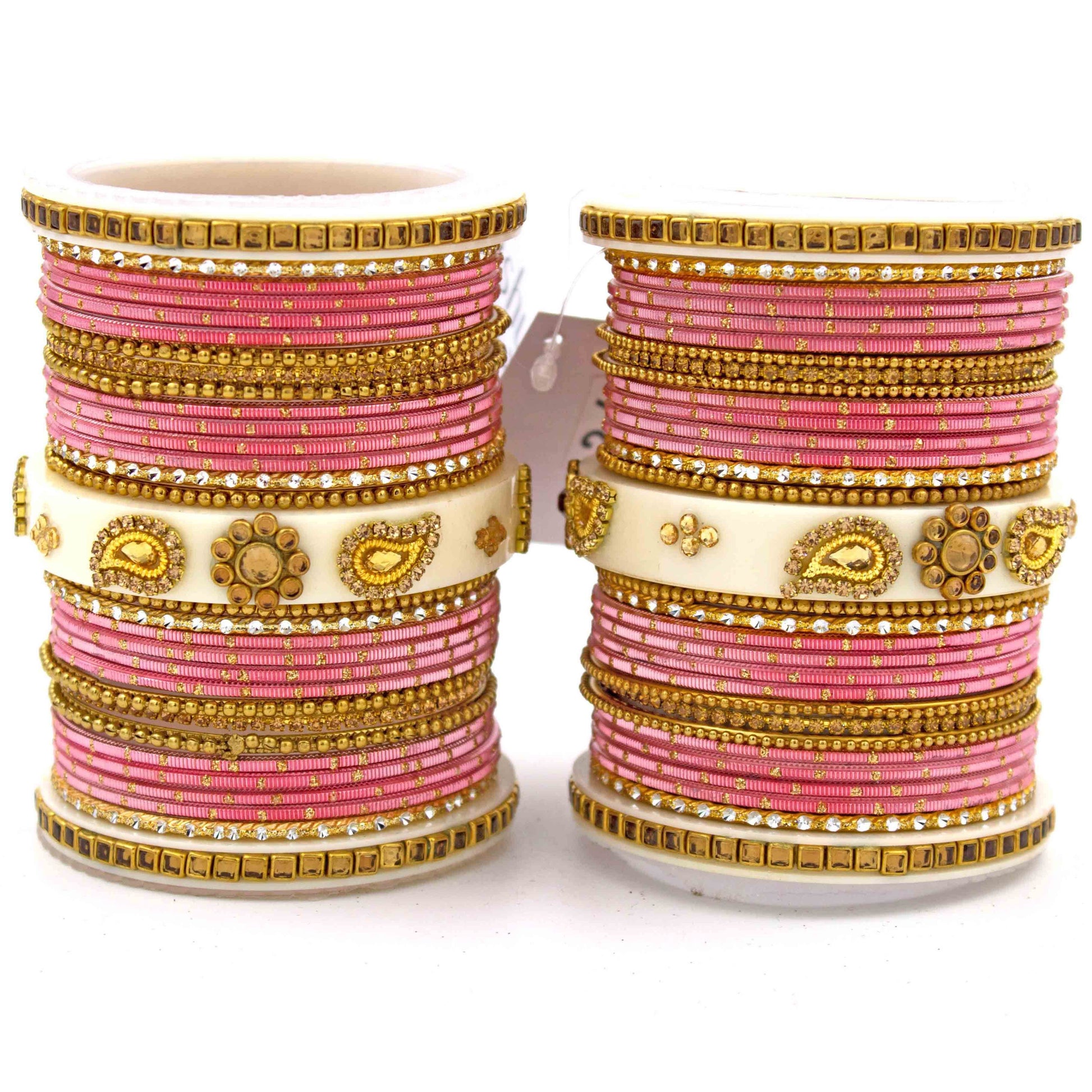 Traditonal Bridal Bangle set with golden dotted design Pink T4 Jewels