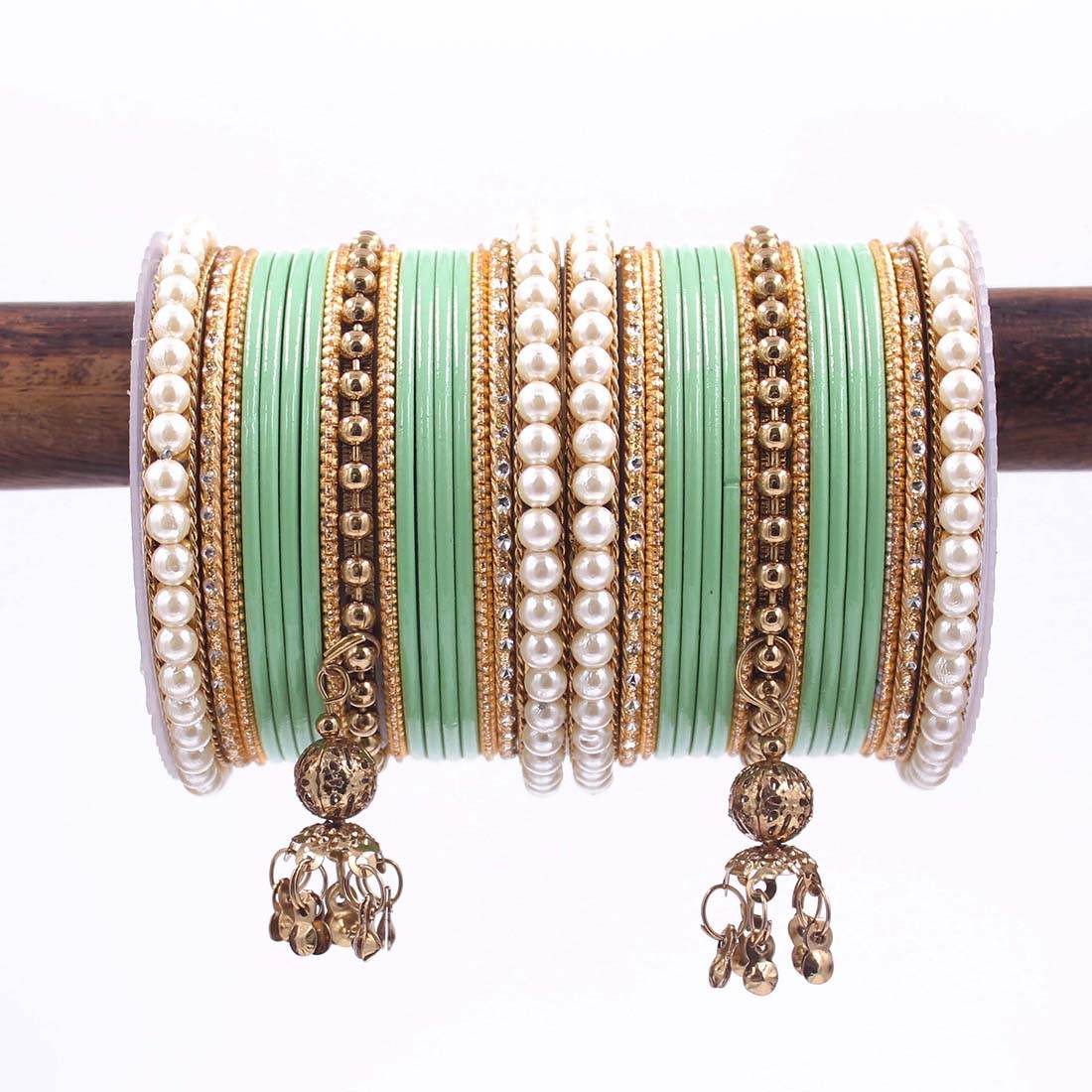 Traditional Solid Coloured Bangle Set with Pearl and Jhumki by T4 Jewels Pista T4 Jewels