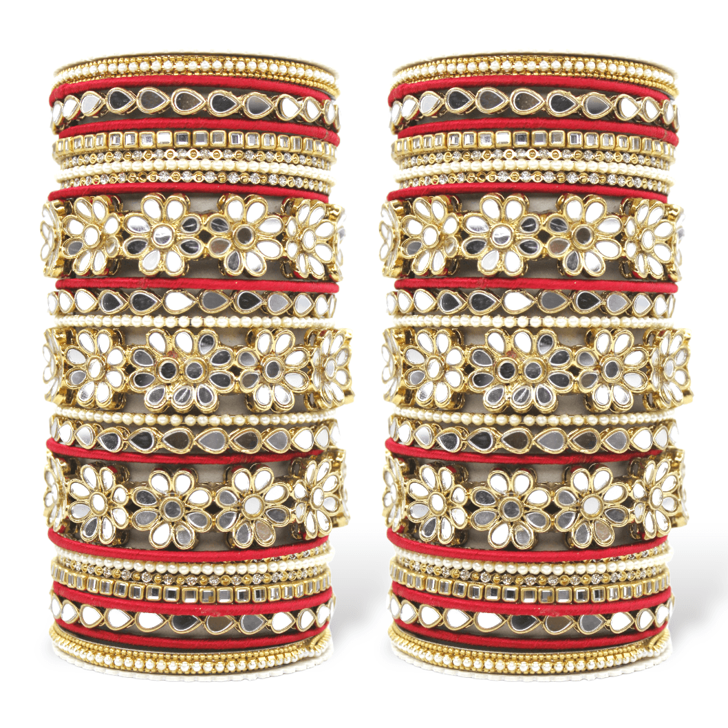 Mirrored Bridal Bangle Set with Silk thread Bangles by T4 Jewels Red T4 Jewels