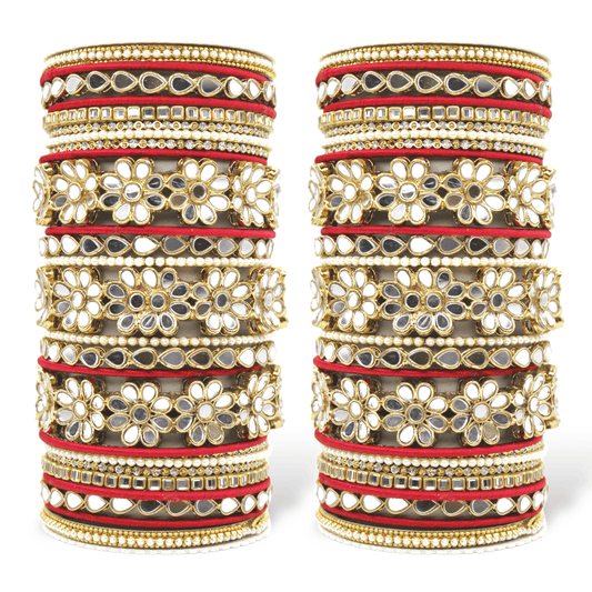 Mirrored Bridal Bangle Set with Silk thread Bangles by T4 Jewels Red T4 Jewels