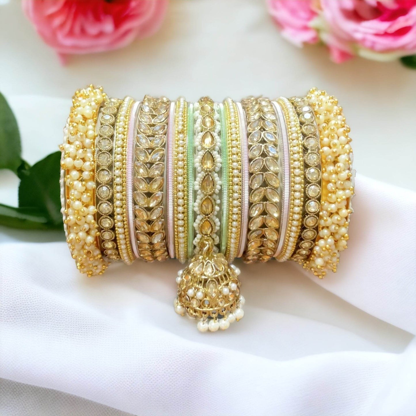 Bridal Stone Bangle Set with Jhumki by T4 Jewels Pink-Pista T4 Jewels