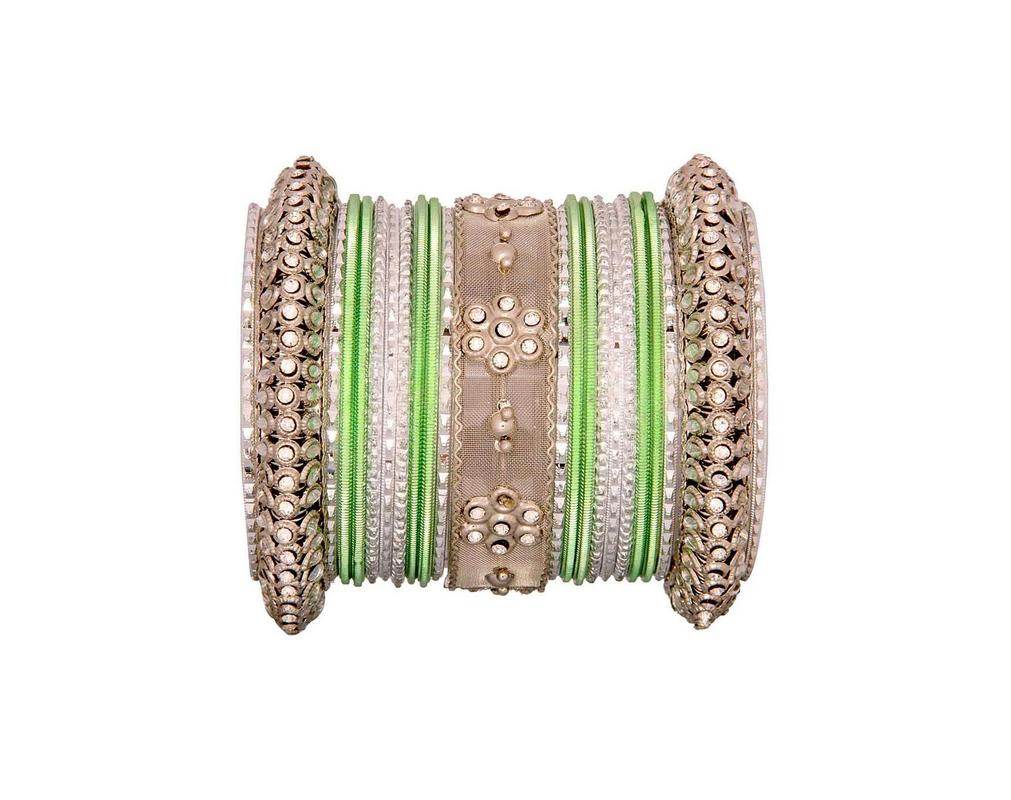 One Hand Multi-Colored Velvet Textured Bangle Set Pista-Silver T4 Jewels
