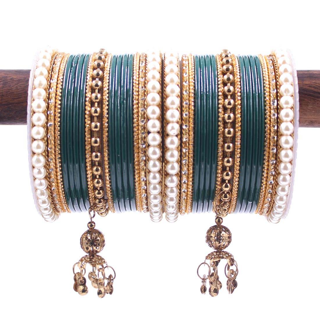 Traditional Solid Coloured Bangle Set with Pearl and Jhumki by T4 Jewels Radium T4 Jewels