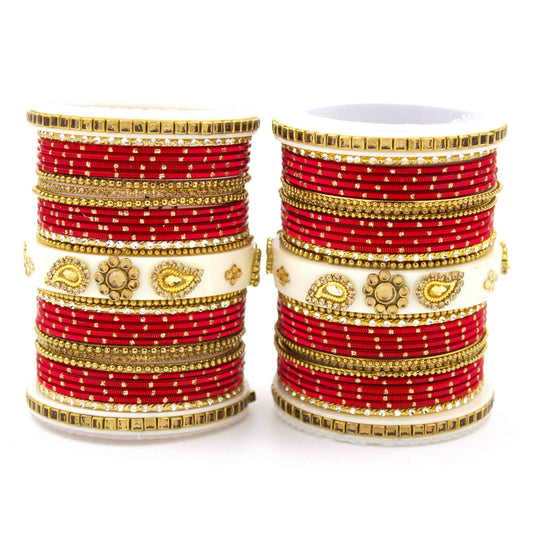 Traditonal Bridal Bangle set with golden dotted design Red T4 Jewels