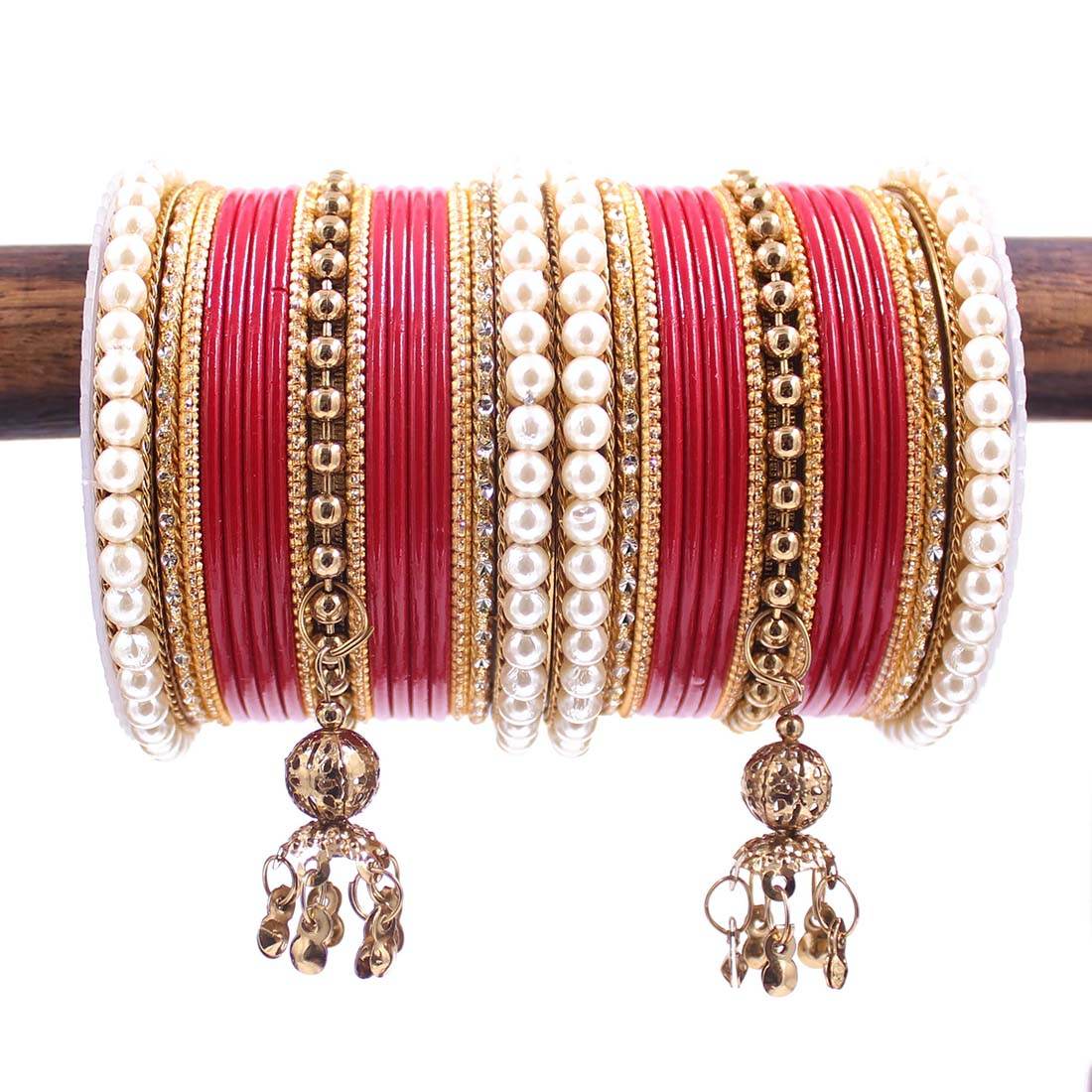 Traditional Solid Coloured Bangle Set with Pearl and Jhumki by T4 Jewels Red T4 Jewels