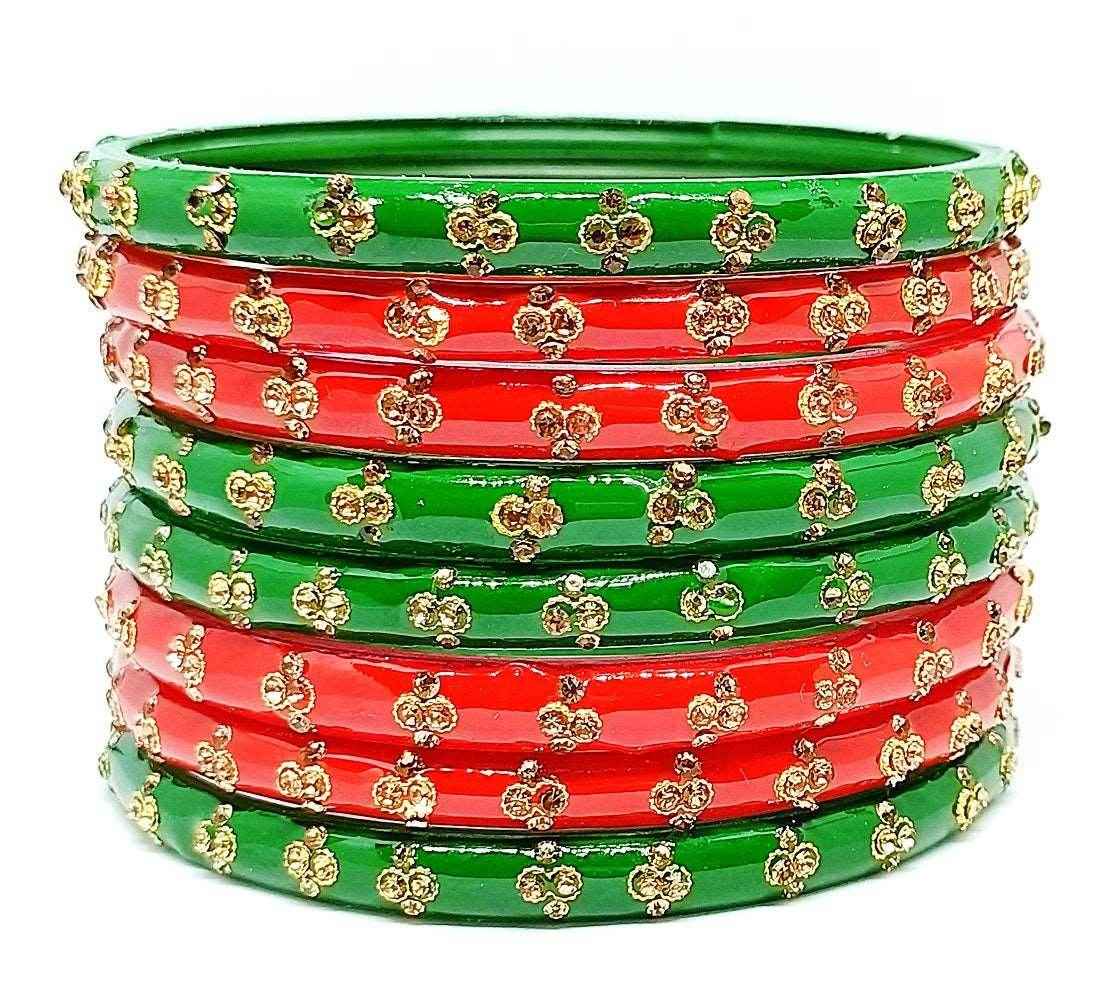 T4 Jewels (Large Size) Red & Green Color Glass Kada Bangles (Pack Of 8)-ASTA