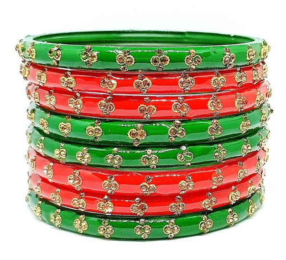 T4 Jewels (Large Size) Red & Green Color Glass Kada Bangles (Pack Of 8)-ASTA