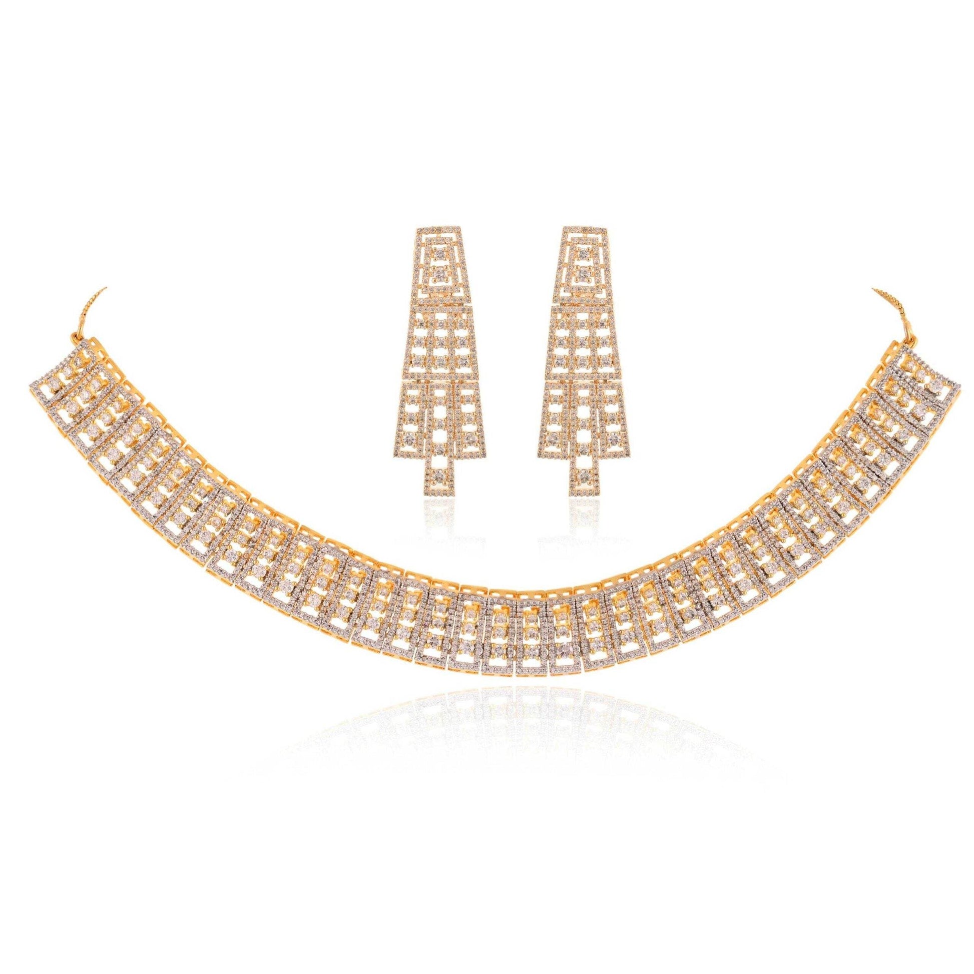 Gold Danglers CZ Designer Festive Wear Luxury Brass Set of Earrings & Necklaces T4 Jewels
