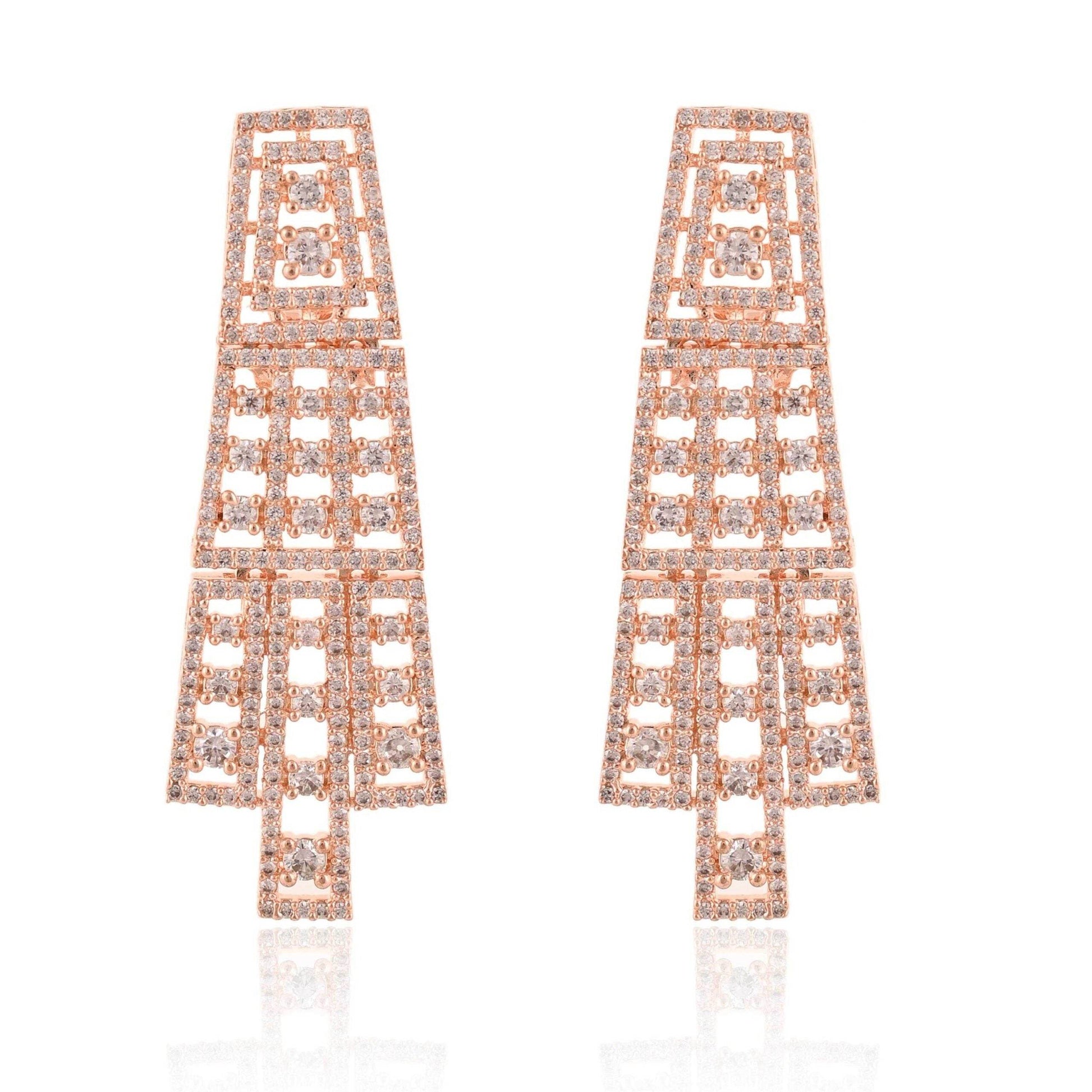 Rose Gold Danglers CZ Designer Festive Wear Luxury Brass Set of Earrings & Necklaces T4 Jewels