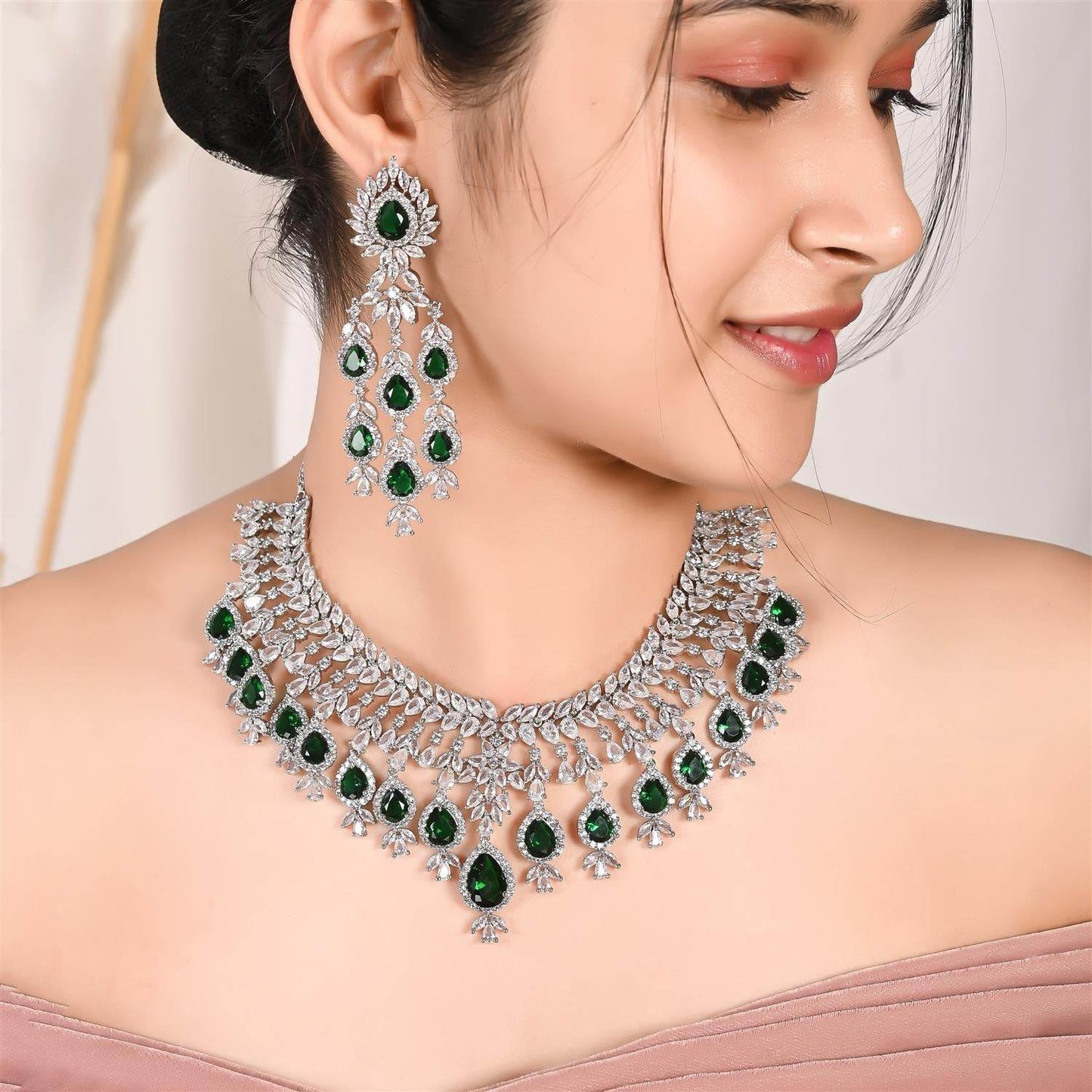 Cubic Zirconia Bridal Necklace Set T4 Jewels