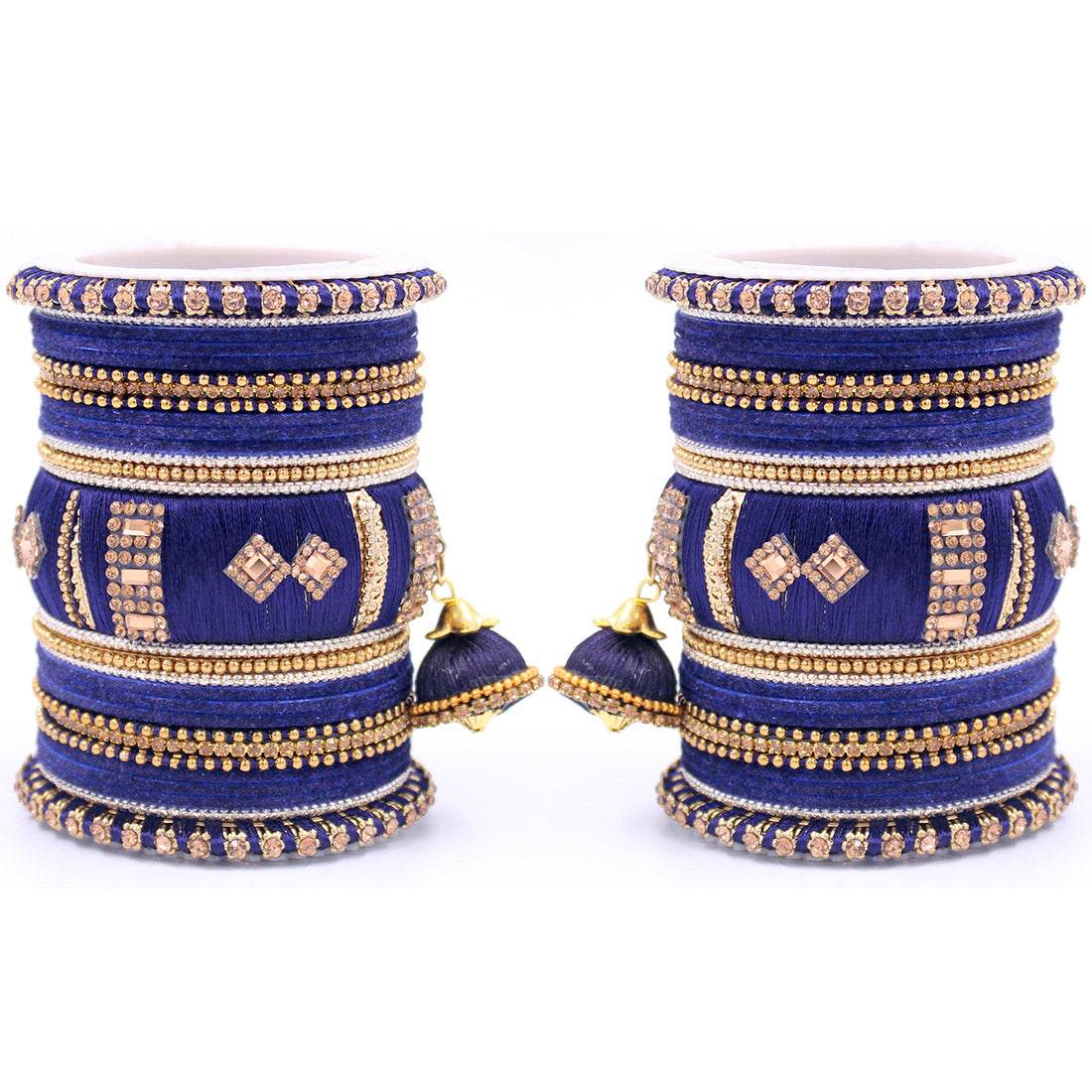 Bridal Set of 2 Silk Thread Bangle Set With Jhumki Royal Blue T4 Jewels
