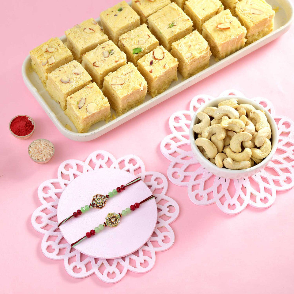 T4 Jewels 2 Traditional Rakhi with Soan Papdi, Kaju & Roli Chawal – Rakhi Gift Hamper for Brother – SR13A