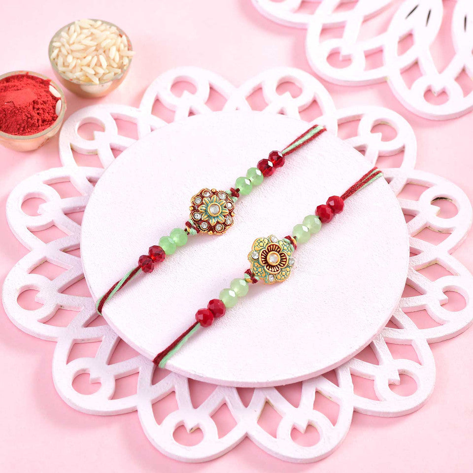 T4 Jewels 2 Traditional Rakhi with Soan Papdi, Kaju & Roli Chawal – Rakhi Gift Hamper for Brother – SR13A