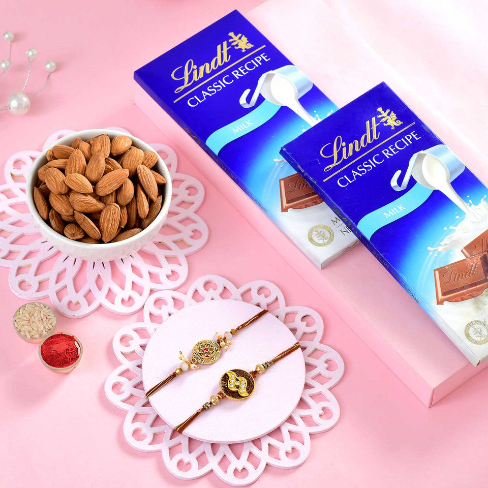 T4 Jewels Pack of 2 Premium Maroon Rakhi with Lindt Chocolate & Almonds - SR16