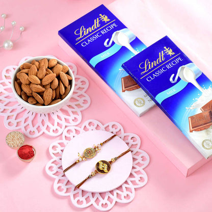T4 Jewels Pack of 2 Premium Maroon Rakhi with Lindt Chocolate & Almonds - SR16