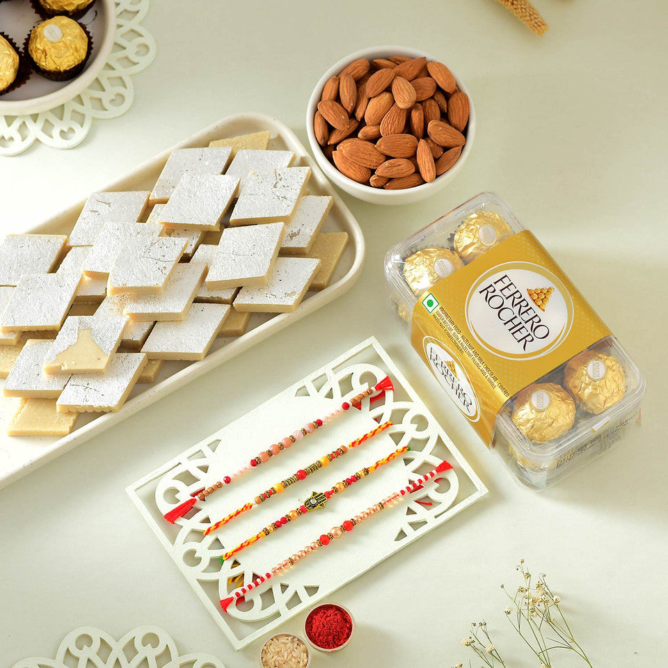 T4 Jewels Premium Rakhi Set With 16Pcs Ferrero Rocher,Almonds & Kaju Katli 😋 - SR25