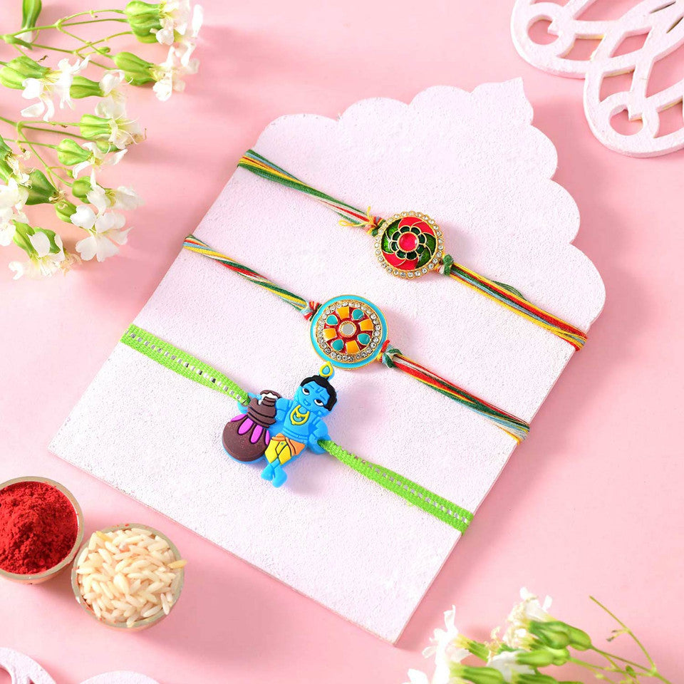 T4 Jewels Multicolor Premium Rakhi With Krishna Rakhi For Kids (Pack Of 3)-SR5