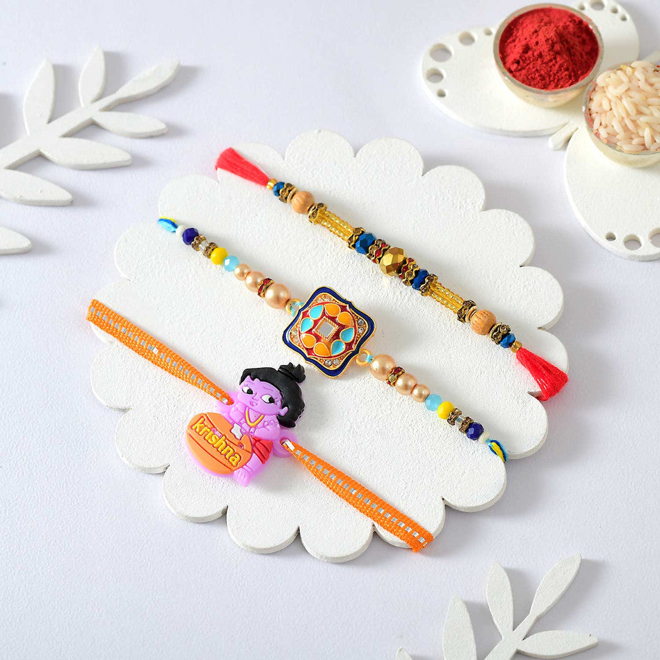 T4 Jewels Trio Rakhi Set – Traditional Square Design Elegance with Divine Krishna Charm-SR8