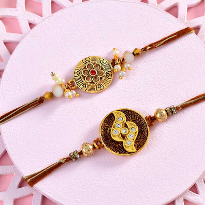 T4 Jewels Traditional Designer Rakhi Set with Kundan and Pearl Beads – Premium Rakhi for Brother (Pack of 2) – SR9A