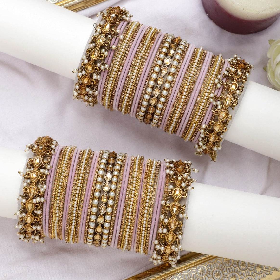 Bridal Bangle set with Pearl and Kundan and Velvet Bangles Baby pink T4 Jewels