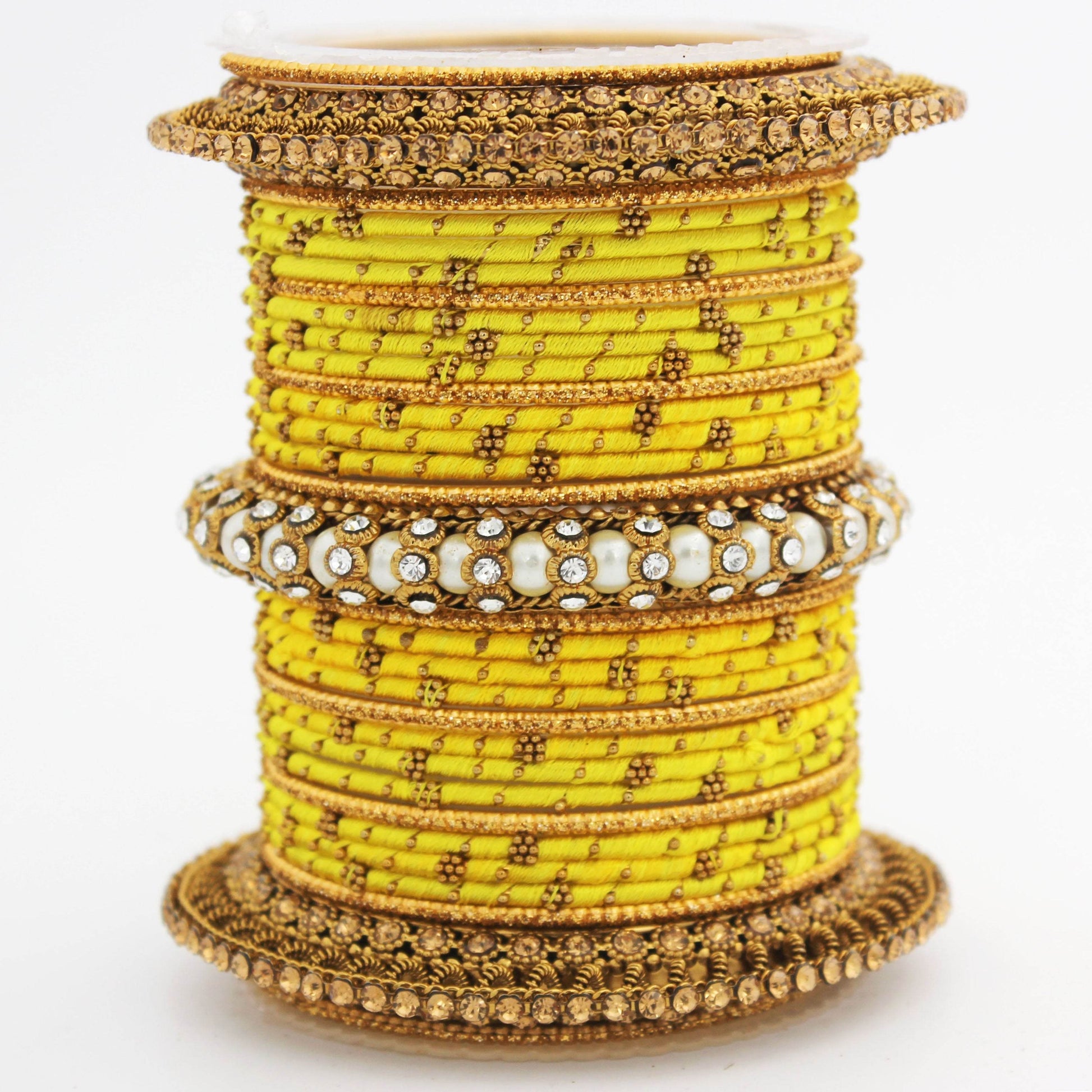 Traditional Thread bangle set with Pearl centre kada by T4 Jewels Yellow T4 Jewels