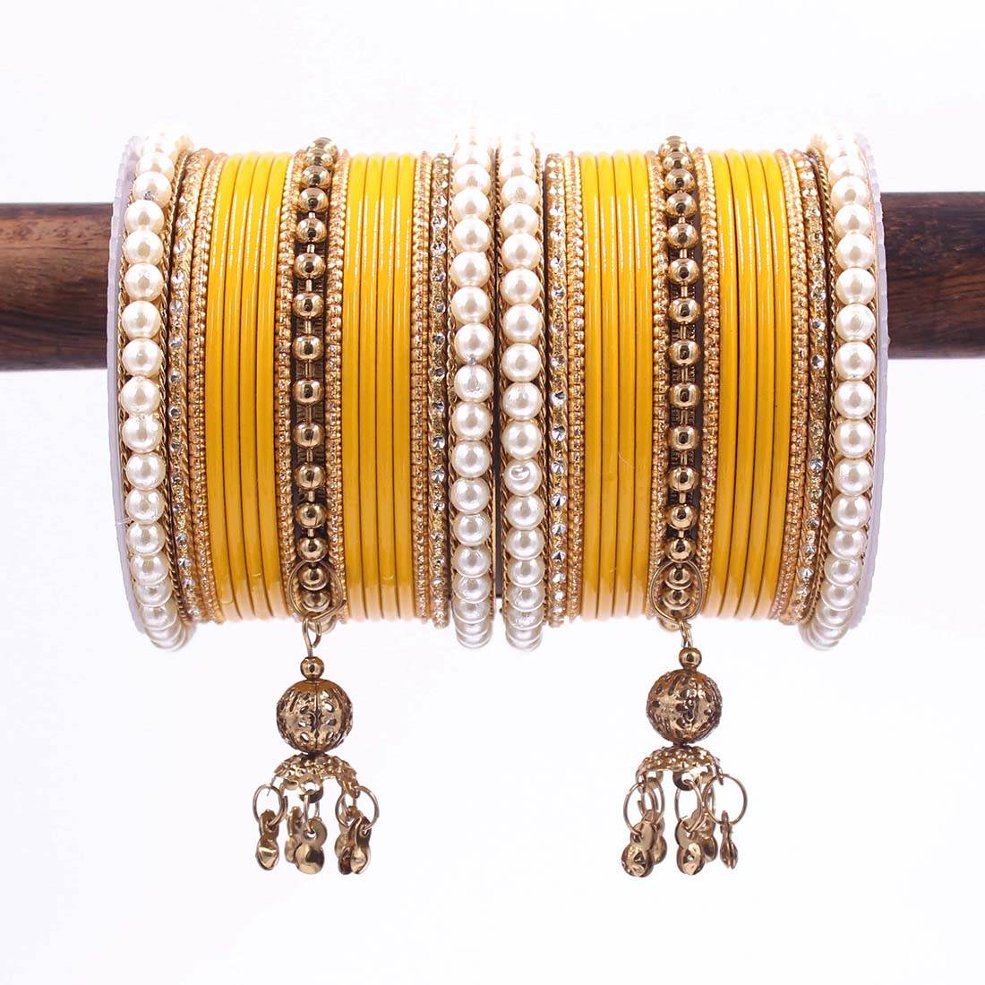 Traditional Solid Coloured Bangle Set with Pearl and Jhumki by T4 Jewels Yellow T4 Jewels