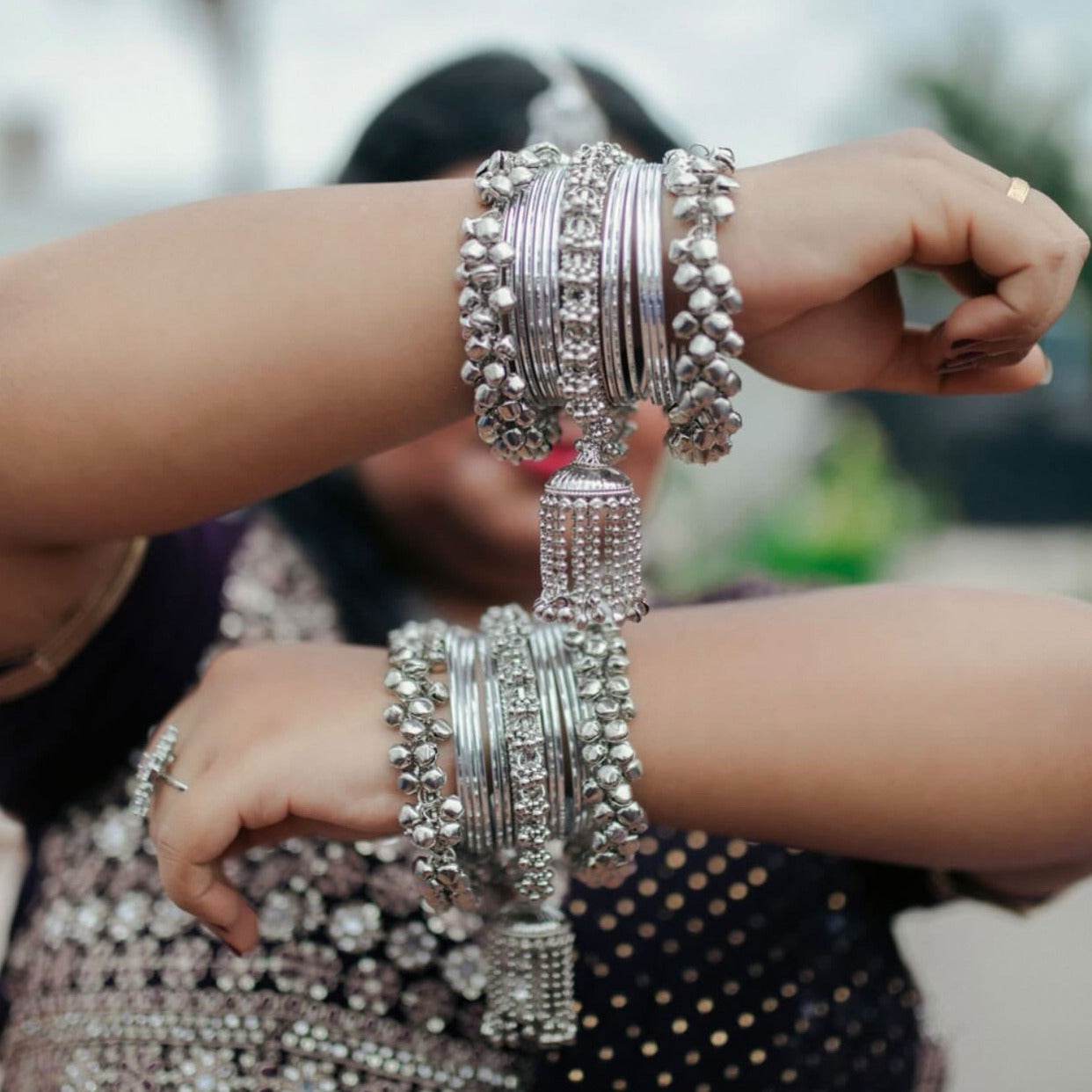 Set of 2 oxidized Ghungroo Latkan Bangles Set by T4 Jewels Silver T4 Jewels