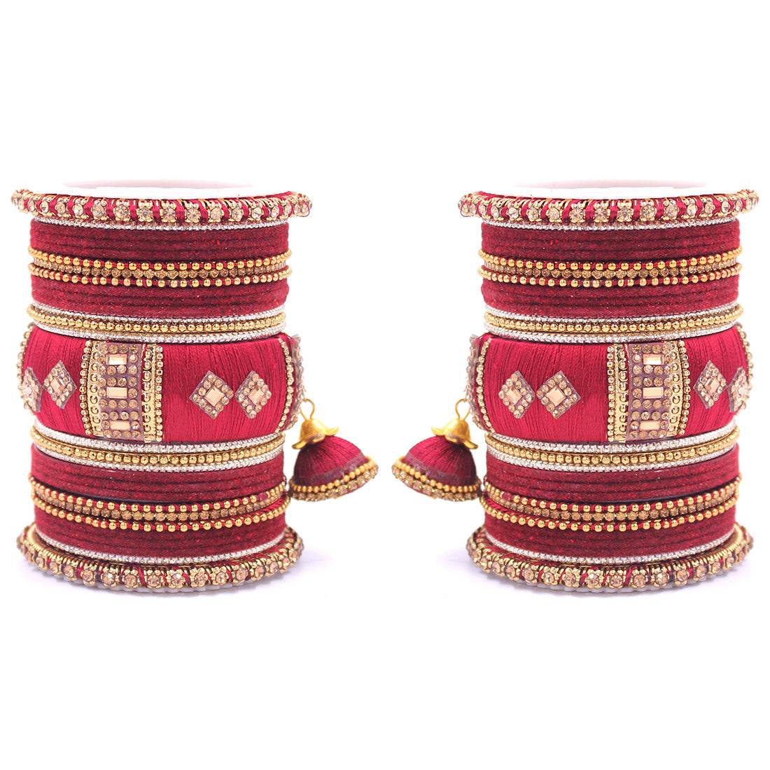 Bridal Set of 2 Silk Thread Bangle Set With Jhumki Maroon T4 Jewels