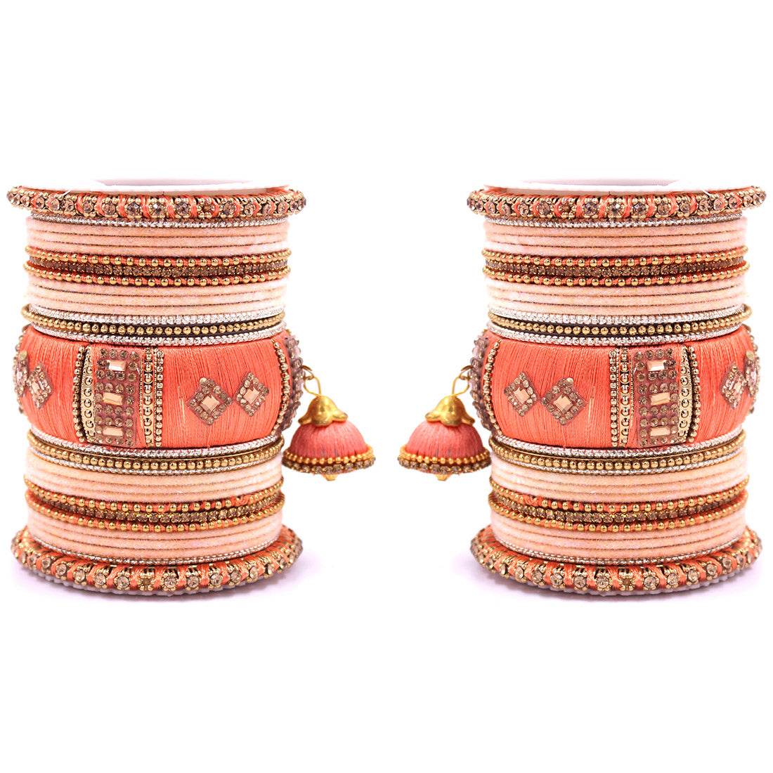 Bridal Set of 2 Silk Thread Bangle Set With Jhumki Peach T4 Jewels