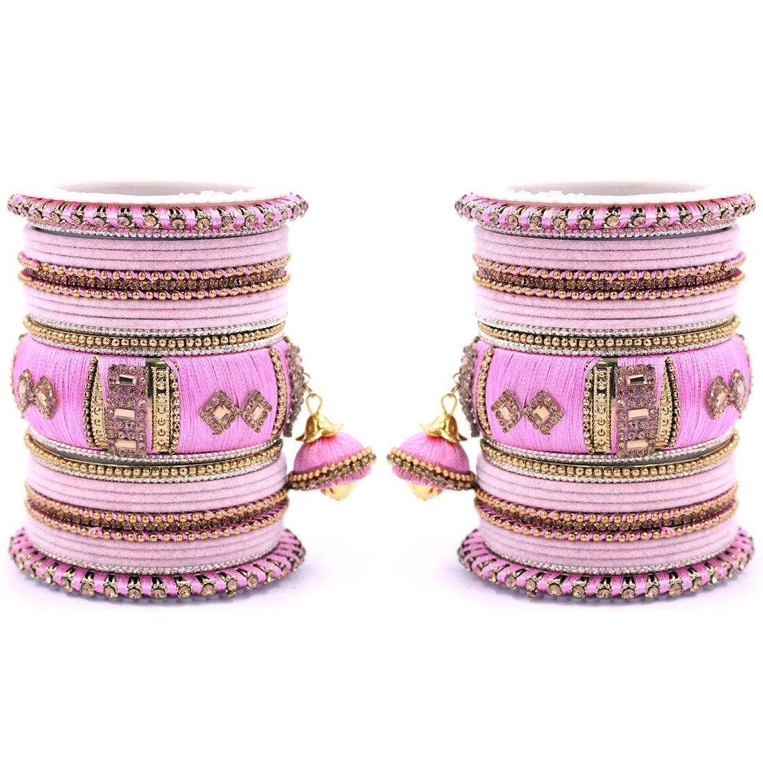 Bridal Set of 2 Silk Thread Bangle Set With Jhumki Pink T4 Jewels