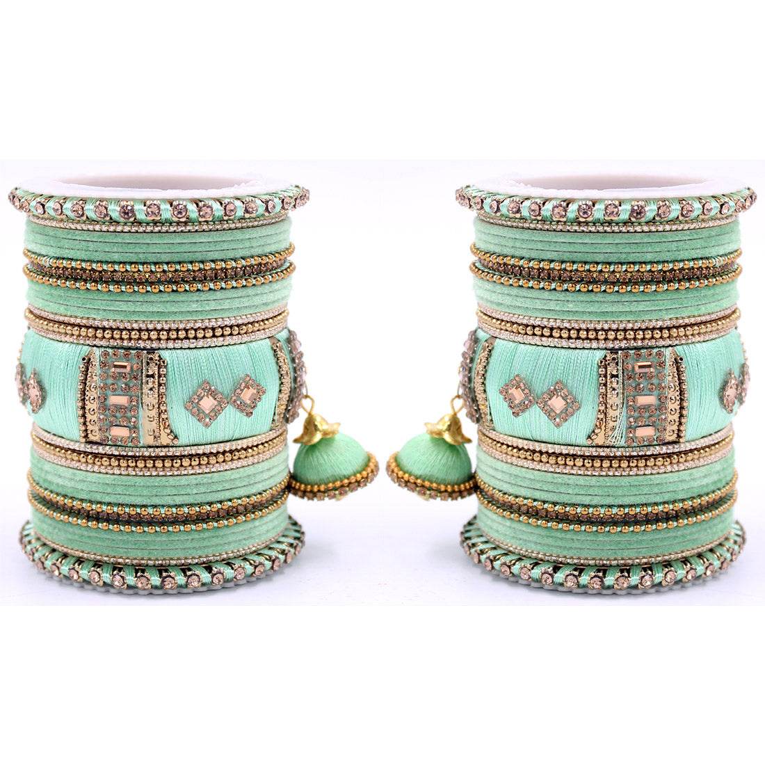 Bridal Set of 2 Silk Thread Bangle Set With Jhumki Pista T4 Jewels