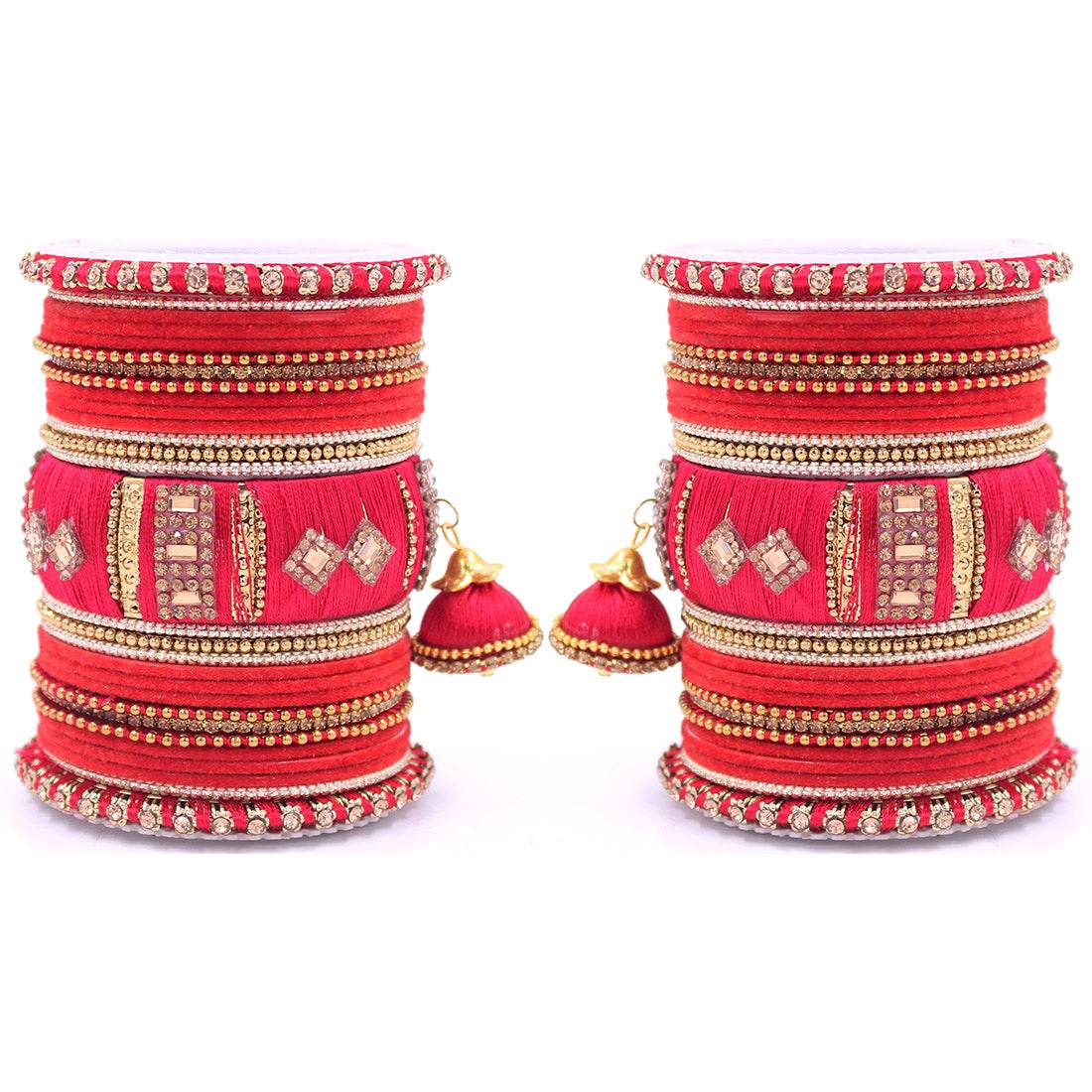 Bridal Set of 2 Silk Thread Bangle Set With Jhumki Red T4 Jewels