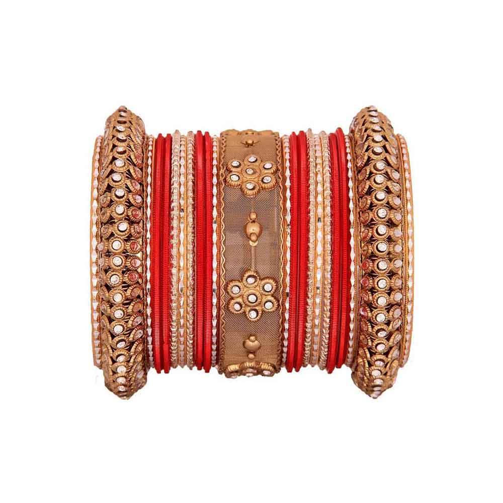One Hand Multi-Colored Velvet Textured Bangle Set Red-Golden T4 Jewels