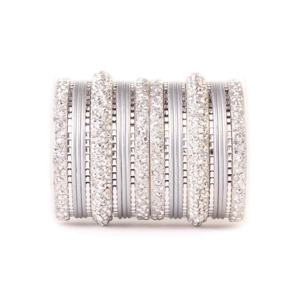 Lac Stone Pattern Bangle Set For Two Hands All Silver T4 Jewels