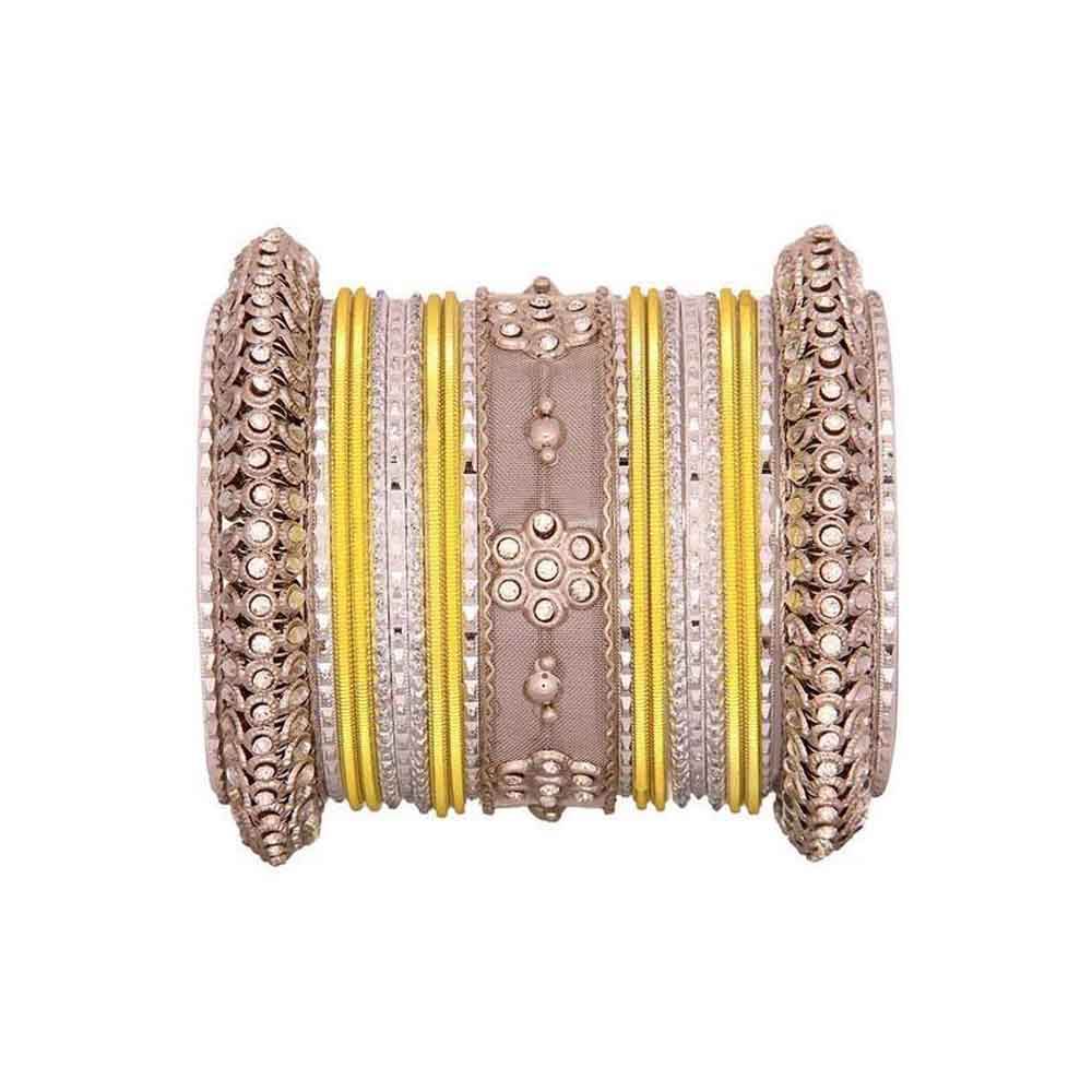 One Hand Multi-Colored Velvet Textured Bangle Set Yellow-Silver T4 Jewels