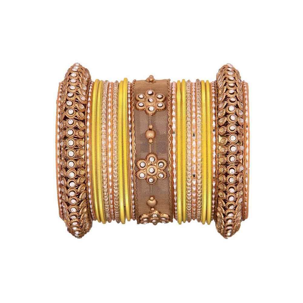 One Hand Multi-Colored Velvet Textured Bangle Set Yellow-Golden T4 Jewels